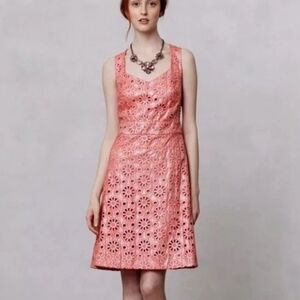 Maeve Anthropologie Coral Shine Eyelet Cotton Dress 0